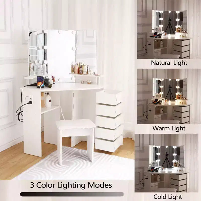 Coiffeuse d'angle avec lumières, table de maquillage avec prise de courant et tiroirs rotatifs pour chambre à coucher