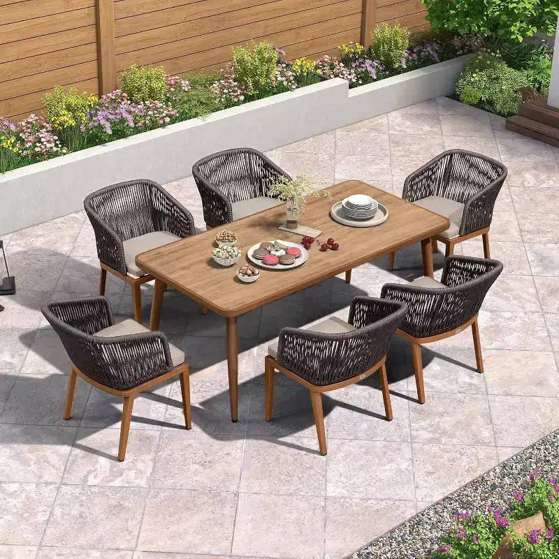 Set da pranzo da esterno PURPLE LEAF in vimini resistente alle intemperie, mobili da esterno con tavolo e struttura interamente in alluminio per prato, giardino, cortile e ponte, con cuscini