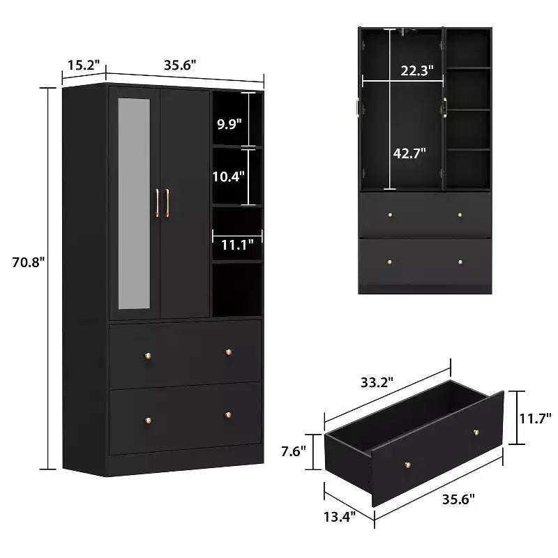 Armoire 2 portes avec miroir, tringle à vêtements et 2 tiroirs