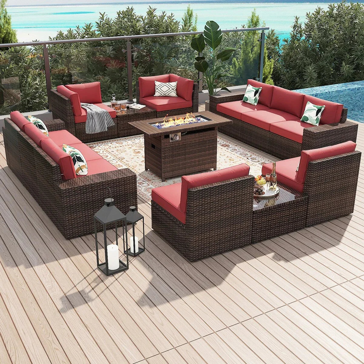 Set di mobili da giardino da 13 pezzi con tavolo braciere da 44 pollici