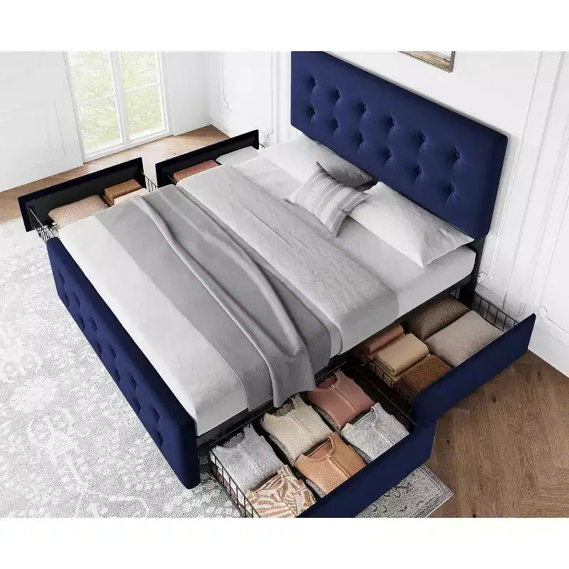 Letto contenitore con 4 cassetti e testiera regolabile - Base letto imbottita