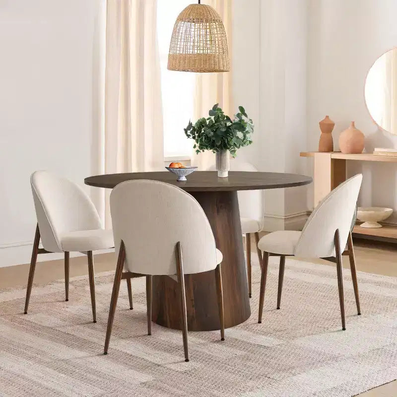 Set da pranzo rotondo a 5 pezzi, tavolo a piedistallo da 46 pollici color noce e sedie imbottite senza braccioli, per angoli colazione-Panipeachy