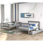 Letto a castello Full over Full con scaletta per bambini, struttura a castello matrimoniale con 6 cassetti e ringhiera per cameretta o dormitorio