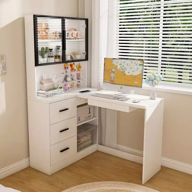 Scrivania JVNOXK con mobile in vetro e illuminazione LED integrata, scrivania angolare a L, con porte di ricarica USB e vassoio per tastiera, bianca