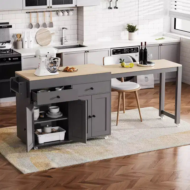 Isola da Cucina da 189 cm con Tavolo da Pranzo Estensibile, Carrello con 4 Armadietti, 2 Cassetti, Porta Spezie, Ripiani Regolabili