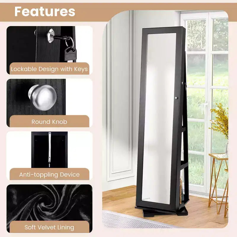 Costway Armoire à bijoux rotative à 360° 2-en-1 Organiseur miroir verrouillable Blanc/Noir/Marron foncé/Gris/Bleu/Rose/Violet/Gris foncé
