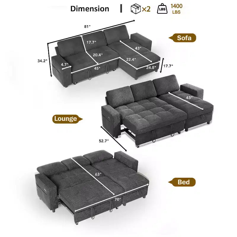 Divano Letto, Divano Estraibile a L da 81 pollici con Chaise Longue Reversibile e Contenitore/Porta USB/Tasca Laterale/Montaggio Senza Attrezzi, Velluto a Coste Beige