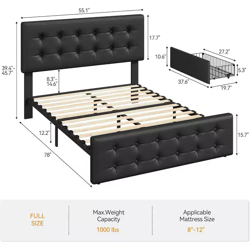 Lit coffre avec 4 tiroirs et tête de lit réglable - Lit plateforme rembourré