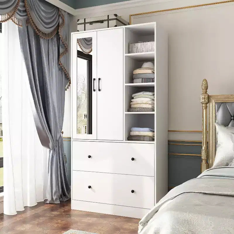 Armoire 2 portes avec miroir, tringle à vêtements et 2 tiroirs