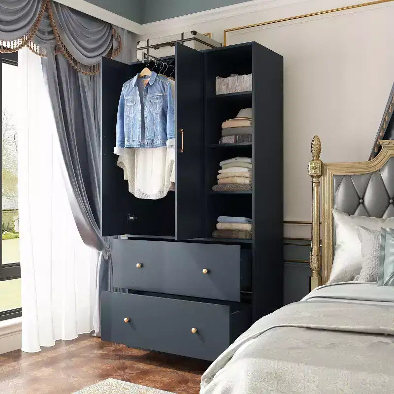 Armoire 2 portes avec miroir, tringle à vêtements et 2 tiroirs
