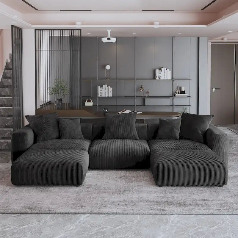 Canapé d'angle modulable 141,73 po, en velours côtelé en forme de U avec ottomans