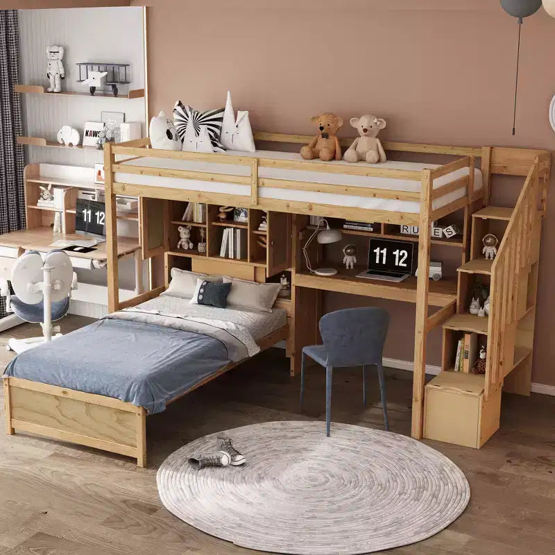 Lit superposé double en bois avec bureau et escalier, lit mezzanine double en L avec rangements et étagères