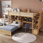 Lit superposé double en bois avec bureau et escalier, lit mezzanine double en L avec rangements et étagères