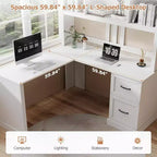 Zevemomo Bureau d'angle en L de 60 po avec huche et tiroirs, bureau d'ordinateur en coin avec étagères de rangement ouvertes, pour bureau à domicile ou chambre à coucher, blanc moderne