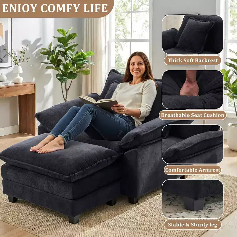 Fauteuil d'appoint surdimensionné en chenille EHMKNP avec pouf
