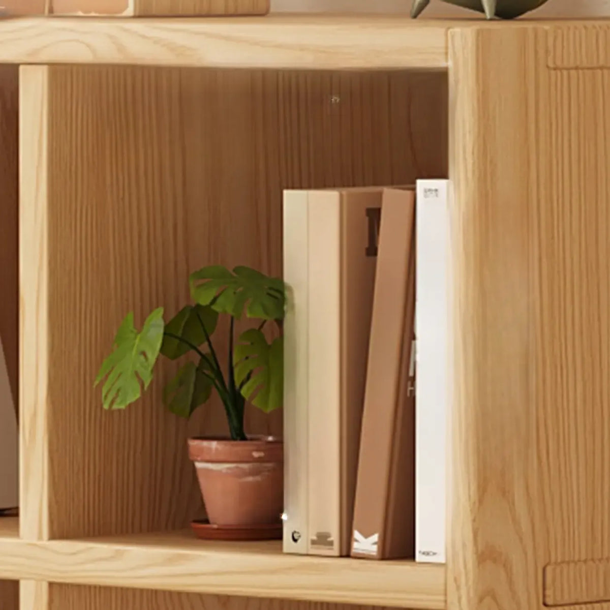Libreria moderna orizzontale in legno a 8 cubi, finitura naturale