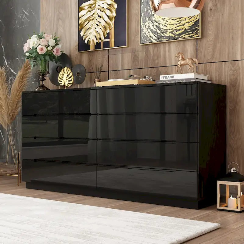Comò lucido 63" con luce, con 8 cassetti e ampio piano d'appoggio