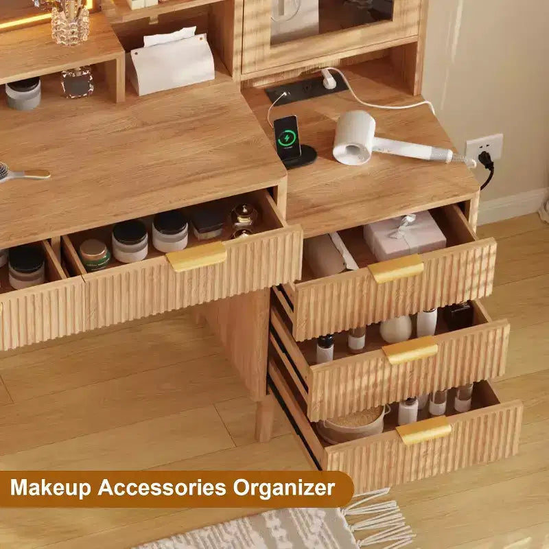 Coiffeuse moderne avec miroir de 24 pouces et 5 tiroirs, table de maquillage cannelée avec étagère de rangement pour femmes et filles