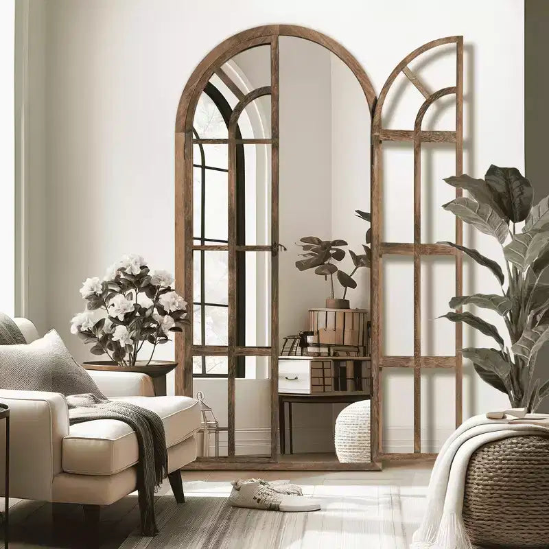 Miroir mural pleine longueur, design cintrée à grille en bois massif, ouvrable, sans support