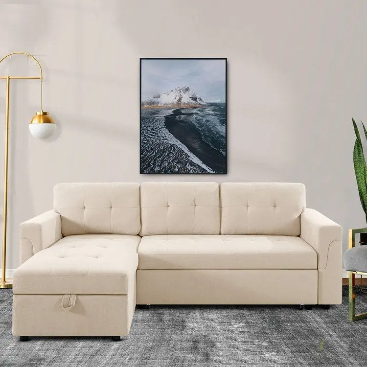 Divano sezionale reversibile con letto estraibile, chaise longue con contenitore nascosto, gambe durevoli,