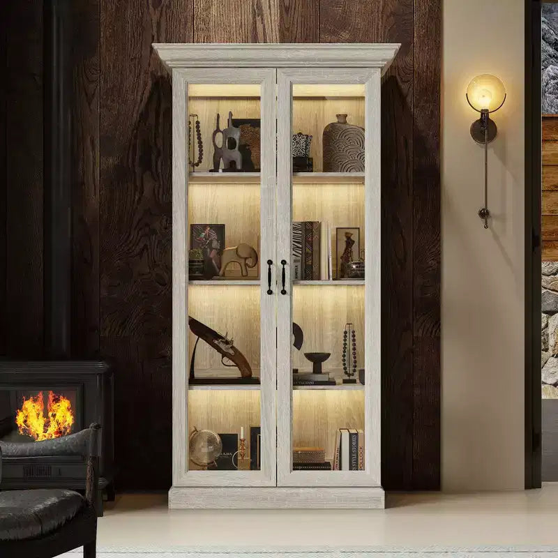 Famapy Libreria Rovere Grigio con Vetro e Striscia Luminosa a LED, Scaffale Alto con Ante, Vetrina per Collezione