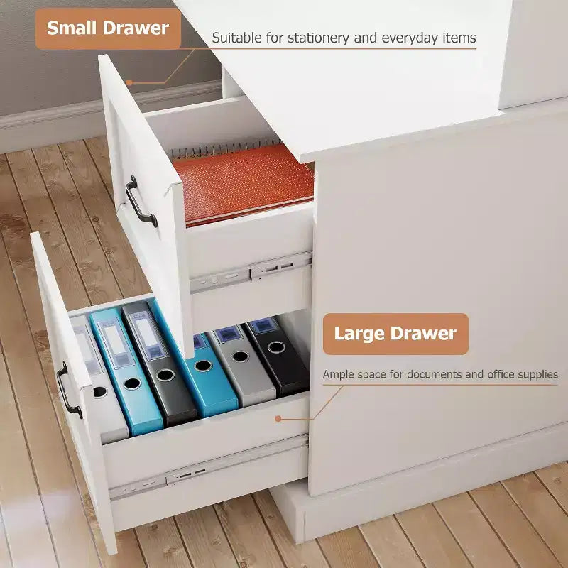 Zevemomo Bureau d'angle en L de 60 po avec huche et tiroirs, bureau d'ordinateur en coin avec étagères de rangement ouvertes, pour bureau à domicile ou chambre à coucher, blanc moderne