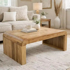Tavolino da caffè Royal Hampton, in legno di acacia naturale lavorato a mano, rettangolare con piano ricurvo a cascata, 91 cm