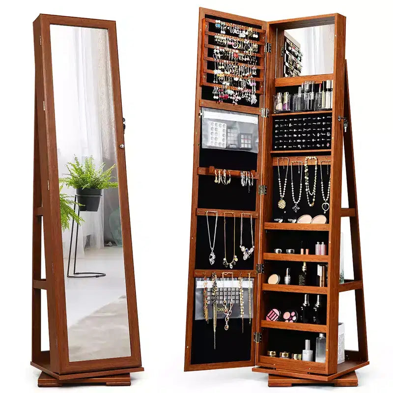 Costway Armoire à bijoux rotative à 360° 2-en-1 Organiseur miroir verrouillable Blanc/Noir/Marron foncé/Gris/Bleu/Rose/Violet/Gris foncé