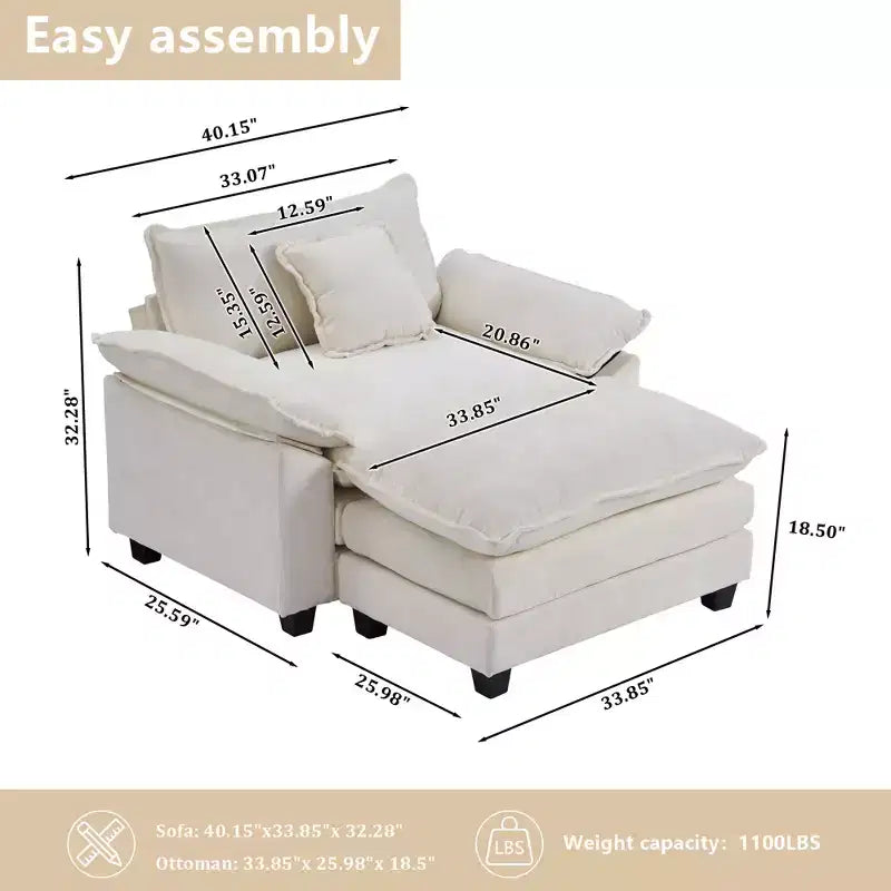 Fauteuil d'appoint surdimensionné en chenille EHMKNP avec pouf