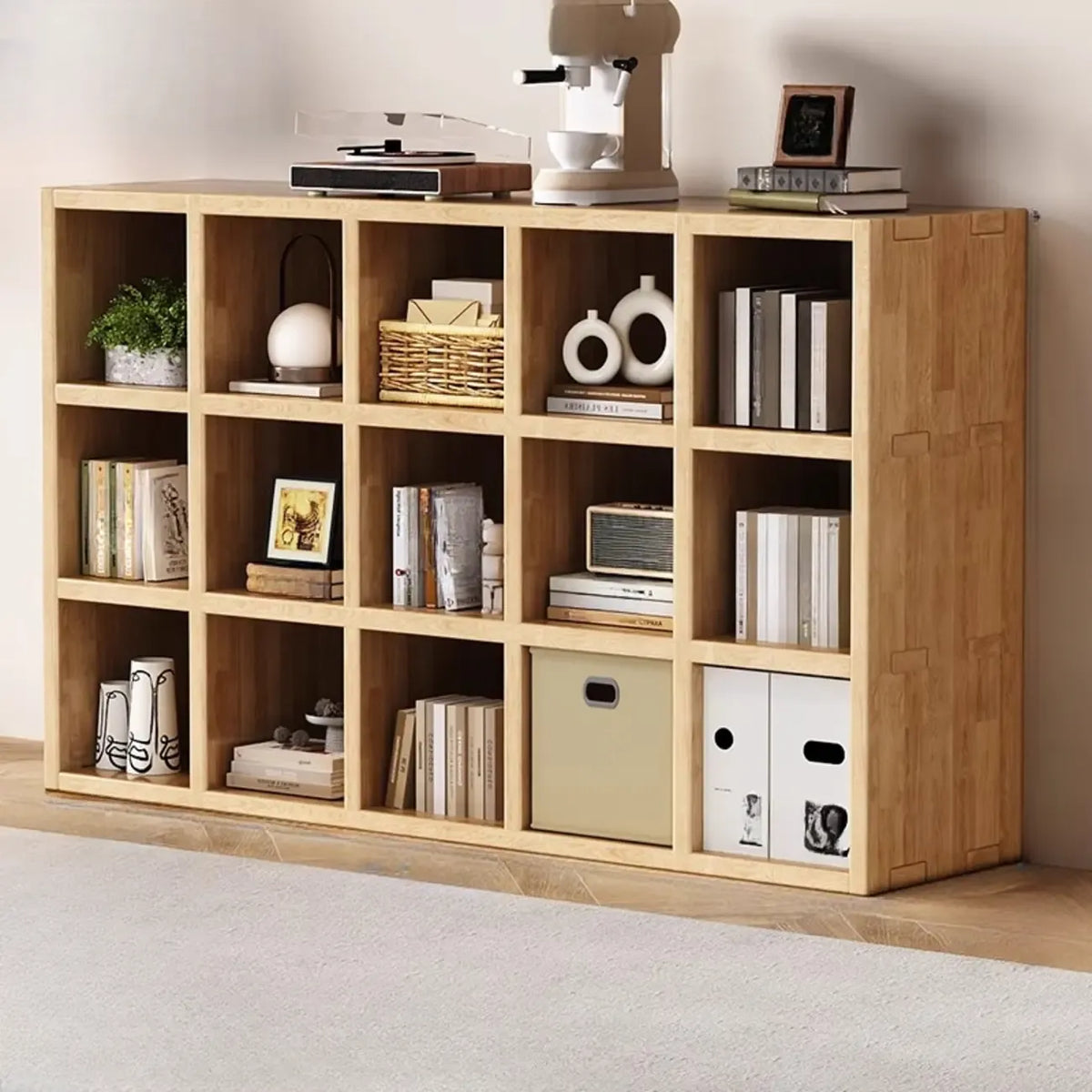 Libreria moderna orizzontale in legno a 8 cubi, finitura naturale