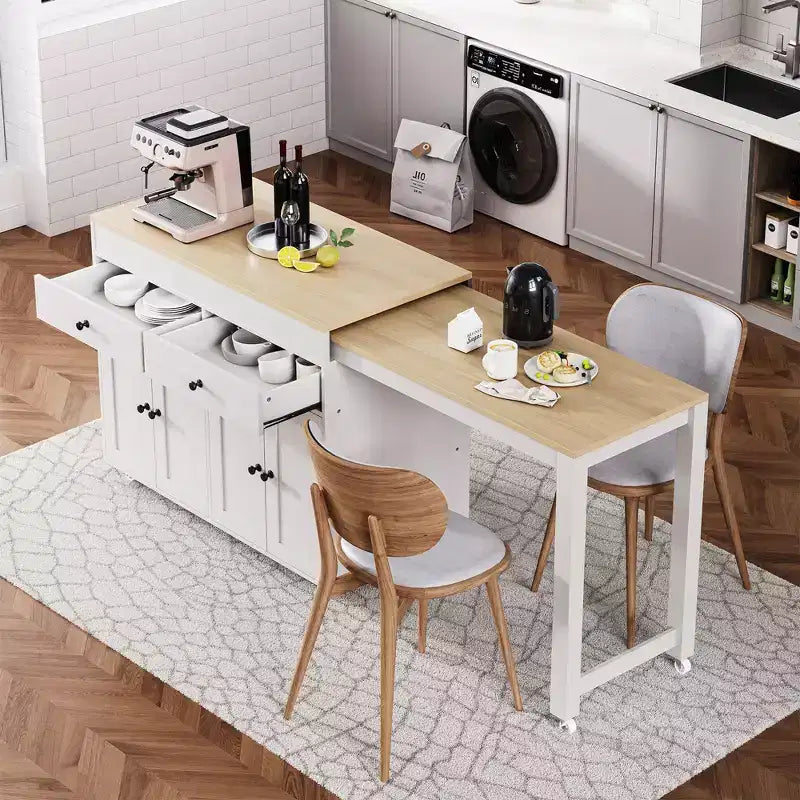 Isola da Cucina da 189 cm con Tavolo da Pranzo Estensibile, Carrello con 4 Armadietti, 2 Cassetti, Porta Spezie, Ripiani Regolabili