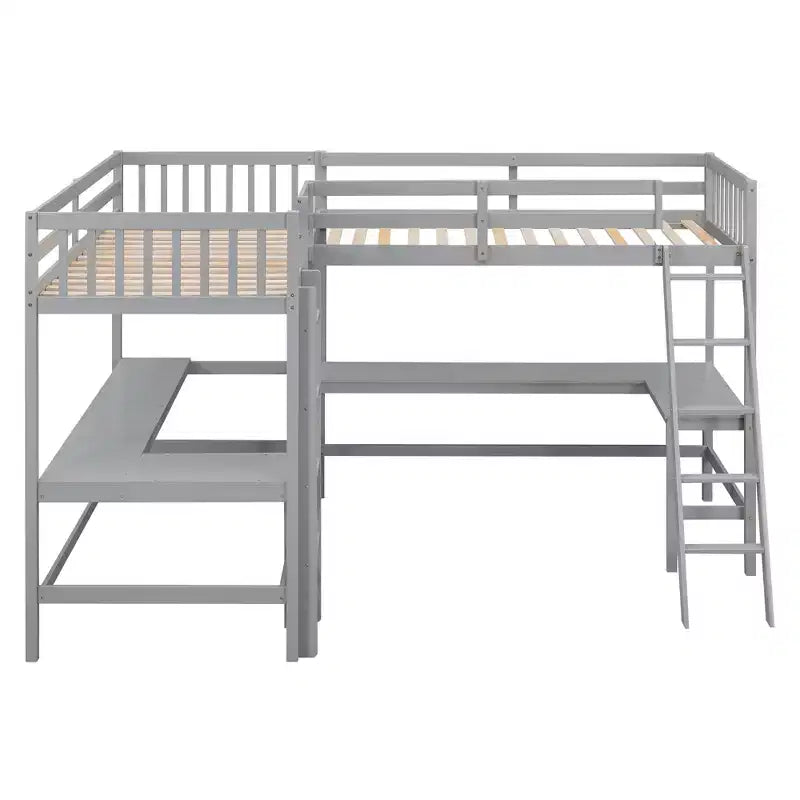 Letto a soppalco a L matrimoniale in legno da 119''L 79.5''W con scaletta e 2 scrivanie a L integrate
