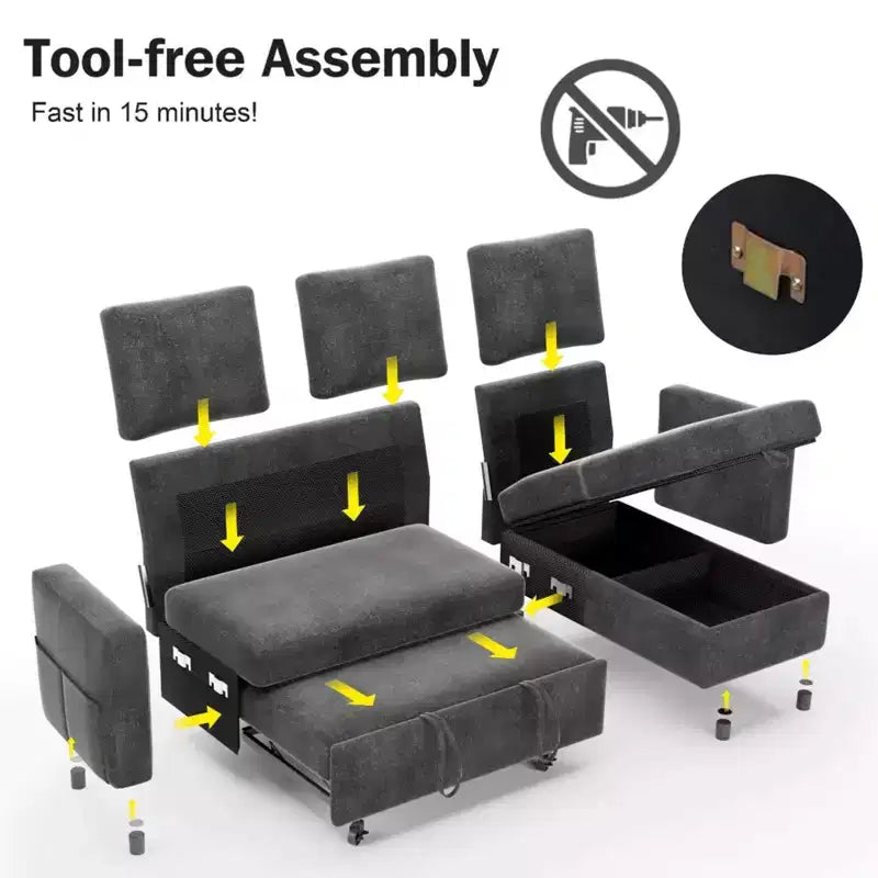 Canapé convertible 2 en 1 Dyonery avec méridienne de rangement, sectionnel en chenille avec ports USB pour salon