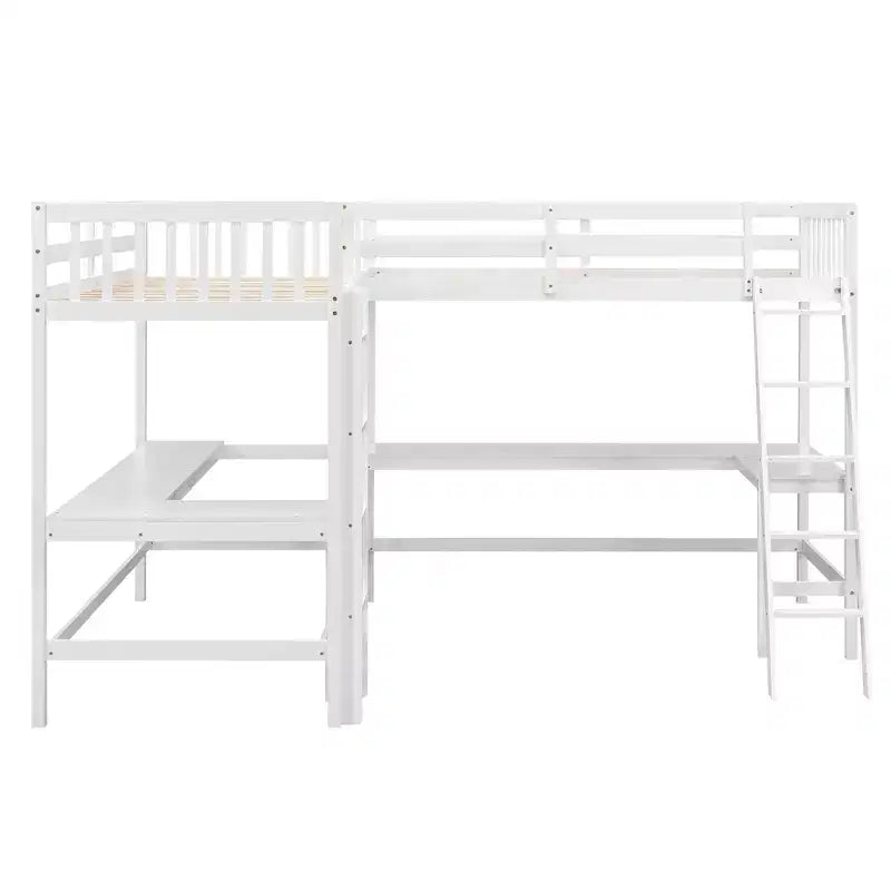 Letto a soppalco a L matrimoniale in legno da 119''L 79.5''W con scaletta e 2 scrivanie a L integrate