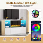 Meuble TV moderne avec lumières LED pour téléviseur de 75 pouces, table console multimédia avec étagères en verre trempé et foyer non chauffant