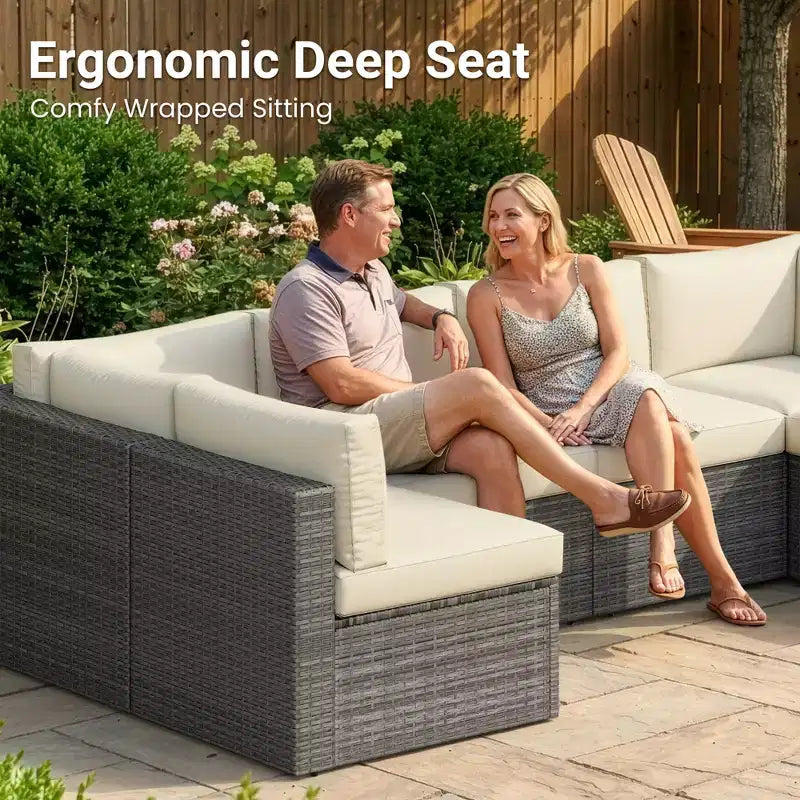 Set di Mobili da Esterno in Rattan a 7 Pezzi, Set Salotto da Esterno in Wicker con Cuscini e Tavolino da Caffè, Divano Sezionale Modulare da Esterno