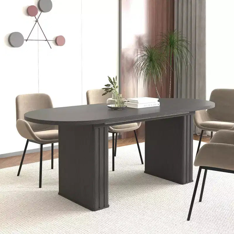 Okak 78IN Tavolo da Pranzo Estensibile per 4-8 Persone, Tavolo da Cucina con Base a Strisce di Legno, Tavolo Pieghevole per Soggiorno, Sala da Pranzo