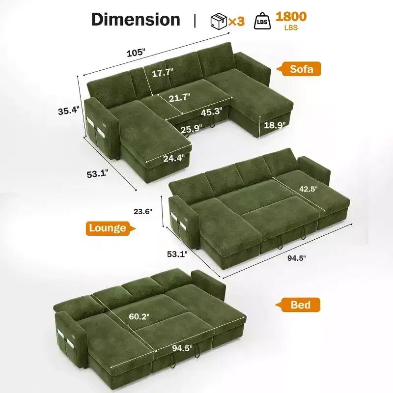 Dyonery Canapé-lit escamotable à quatre places de 267 cm avec rangement, poches latérales, dossier réglable, convertible