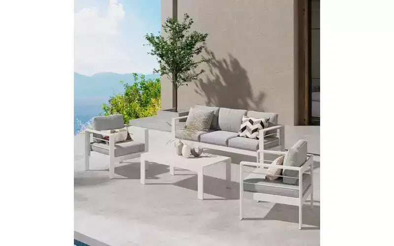 Set di mobili da giardino Heynemo in alluminio, set da salotto moderno da 4 pezzi con divano componibile e cuscini e tavolino da caffè per balcone