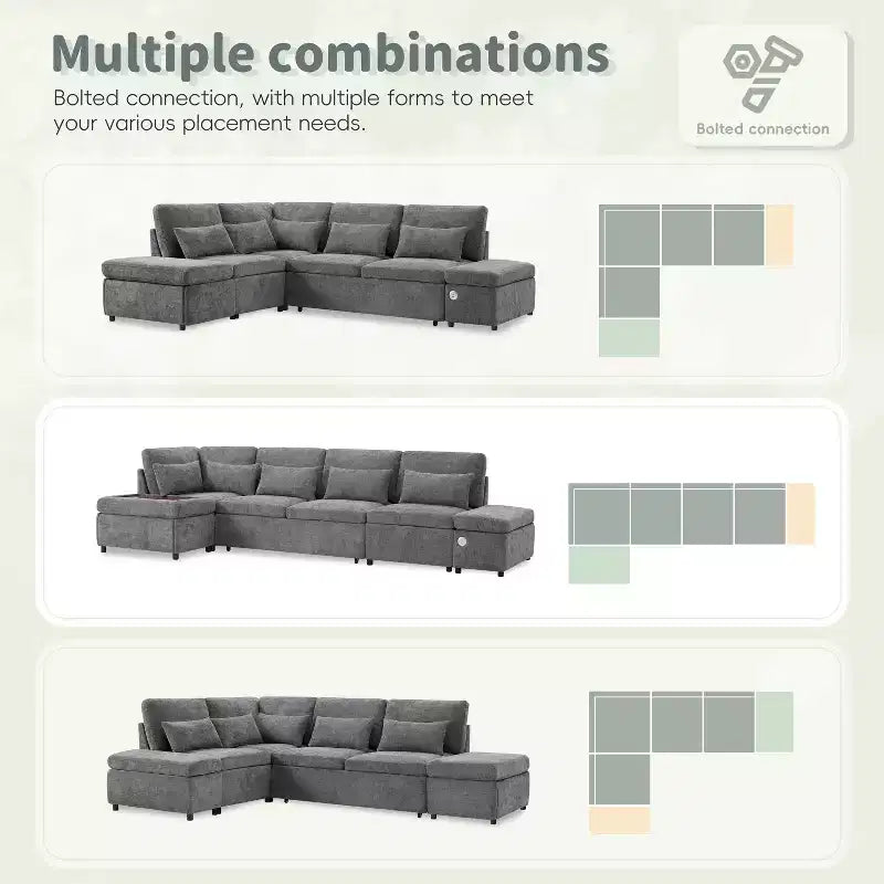 Canapé-lit modulaire sectionnel Whisen 270 - 6 places en forme de L avec pouf de rangement, canapé en chenille, personnalisable pour salon et appartement