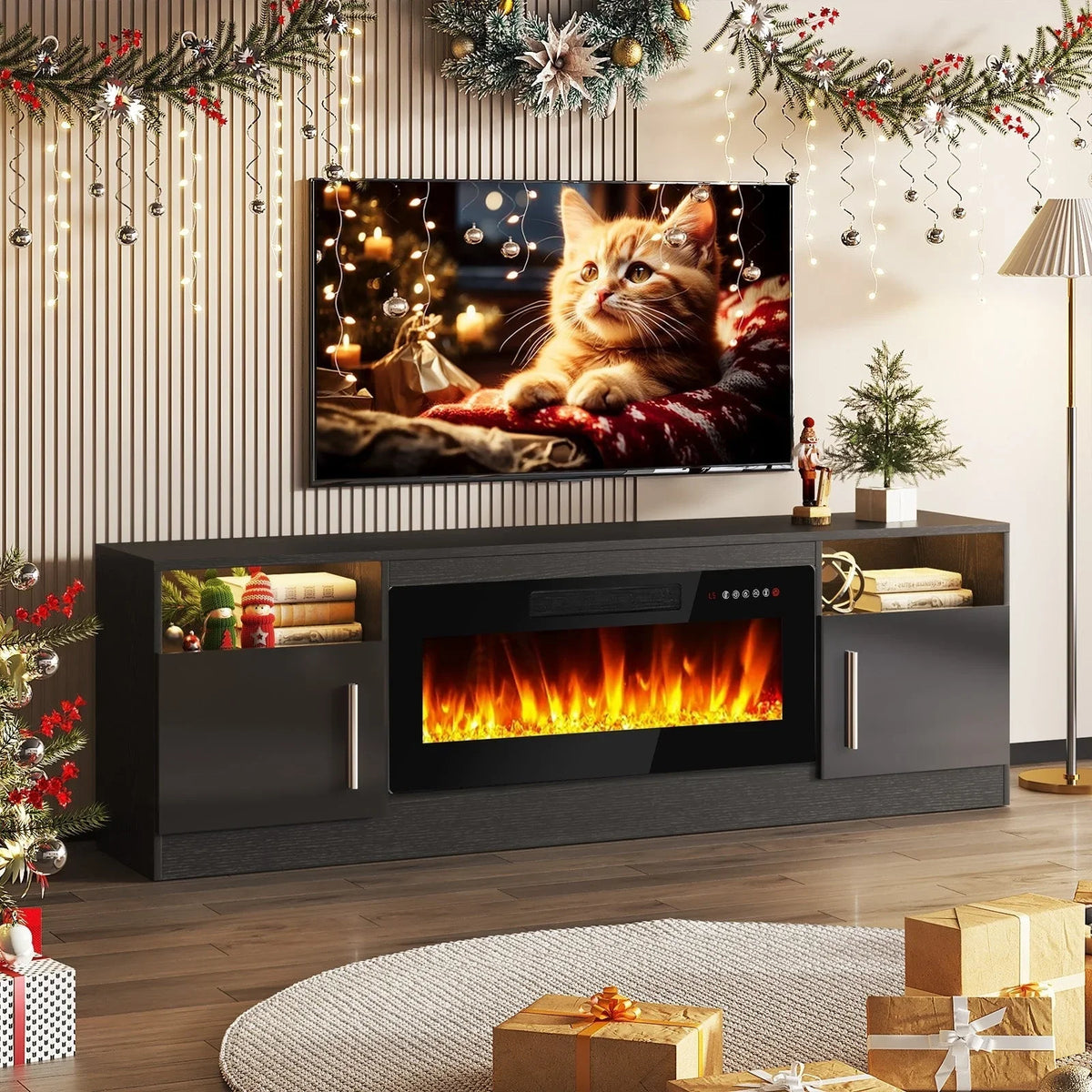 Mobile TV Bossin 70" con caminetto elettrico 36", Mobile TV per televisori fino a 80", 16 colori LED/Centro di intrattenimento