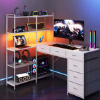 Scrivania per computer a L da 47" con 6 cassetti e mensole a 5 ripiani, scrivania angolare reversibile da gaming con luci LED e prese di corrente