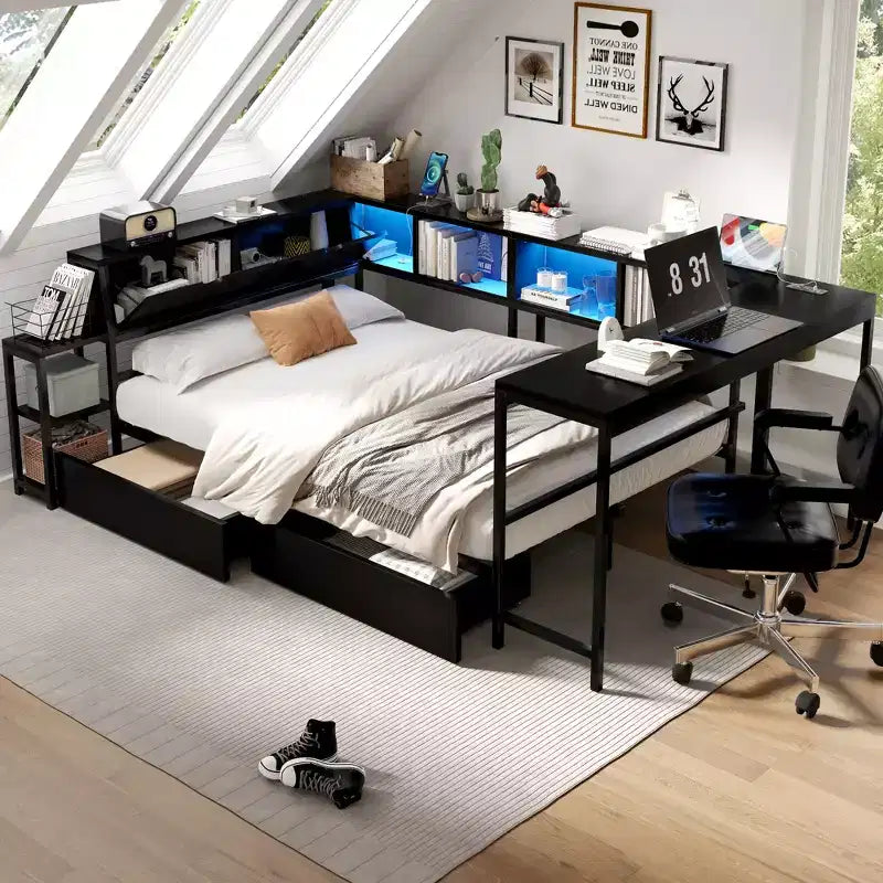 GDFStudio Letto ad angolo moderno Curme con libreria e 2 cassetti portaoggetti sottoletto