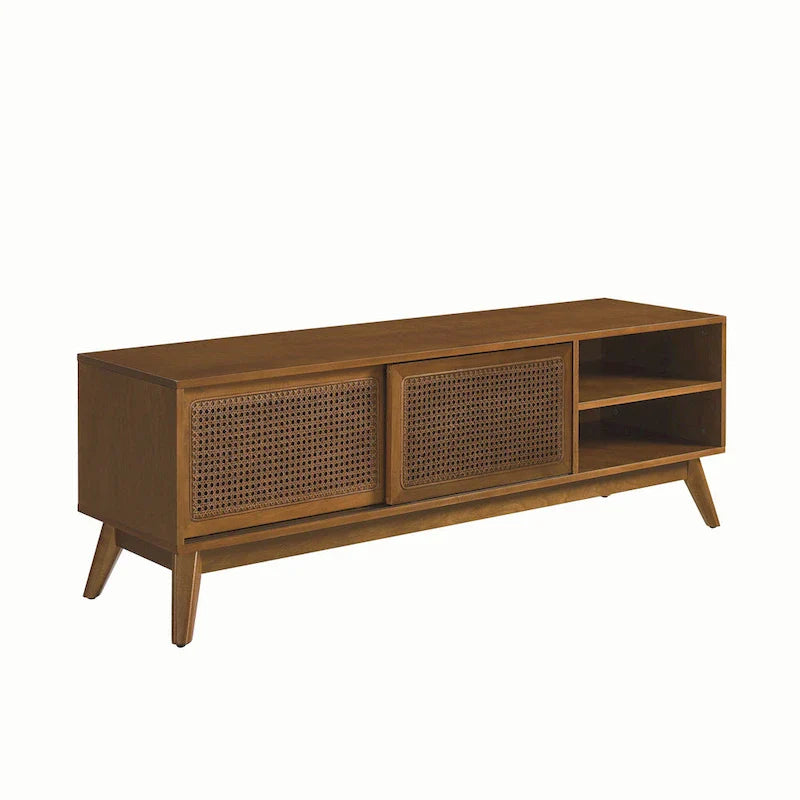 Mobile TV vintage in rattan con 2 armadietti e 4 gambe in legno per soggiorno, camera da letto e ufficio