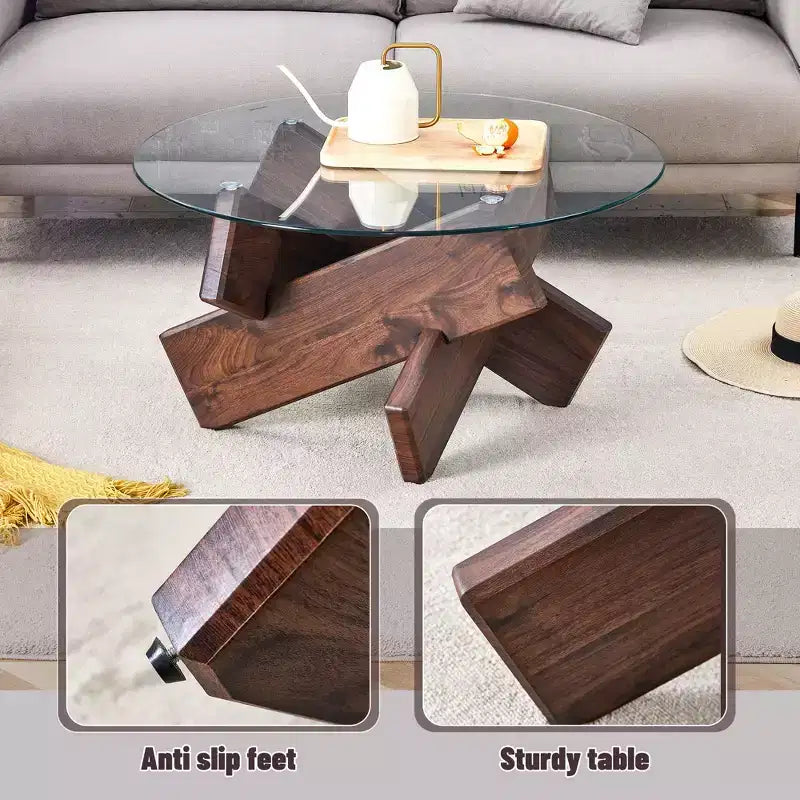 Tavolino da Caffè Rotondo Moderno in Vetro Okak, Tavolino da Tè Piccolo dal Design Distintivo con Gambe in Legno per Soggiorno, Reception, Ufficio, Casali