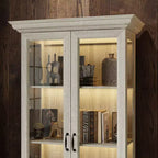 Famapy Libreria Rovere Grigio con Vetro e Striscia Luminosa a LED, Scaffale Alto con Ante, Vetrina per Collezione
