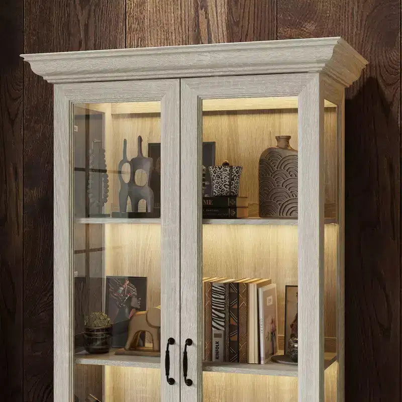 Famapy Libreria Rovere Grigio con Vetro e Striscia Luminosa a LED, Scaffale Alto con Ante, Vetrina per Collezione