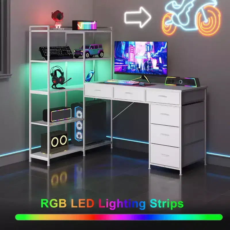 Scrivania per computer a L da 47" con 6 cassetti e mensole a 5 ripiani, scrivania angolare reversibile da gaming con luci LED e prese di corrente