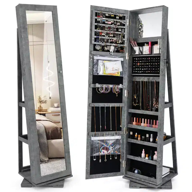 Costway Armoire à bijoux rotative à 360° 2-en-1 Organiseur miroir verrouillable Blanc/Noir/Marron foncé/Gris/Bleu/Rose/Violet/Gris foncé