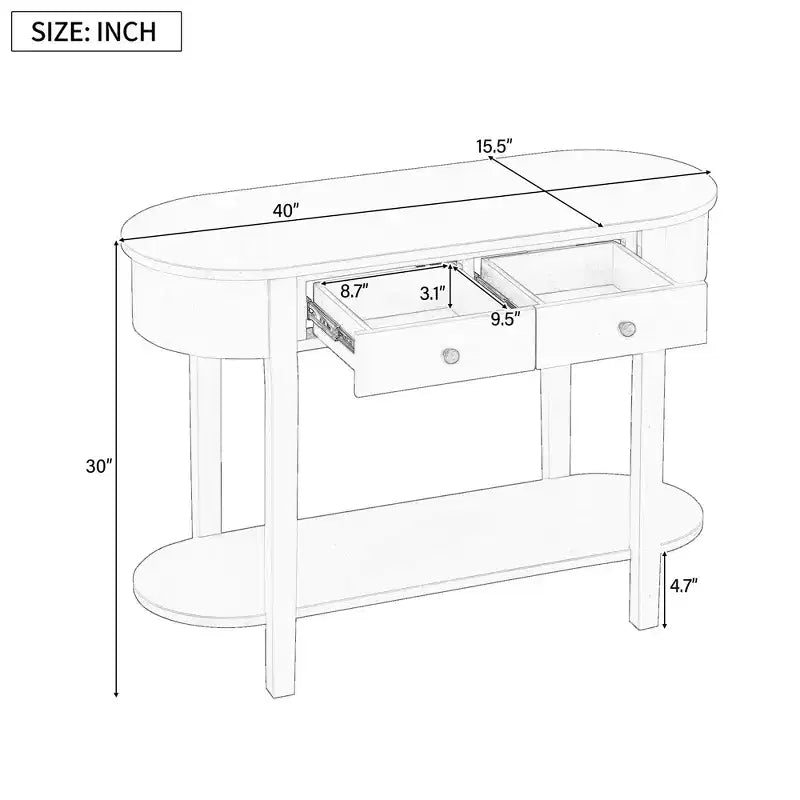 Table console élégante Okak avec finition lisse, table d'entrée avec design incurvé et 2 tiroirs, table d'appoint pour salon, couloir